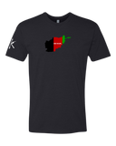 Black t-shirt with a Afghan flag design on the chest and a did work co logo on the sleeve against a white background.