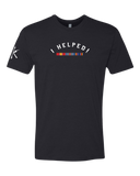 Black t-shirt with 'I HELPED!' text and colorful bars on a white background