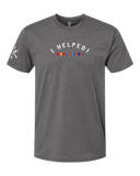 Gray t-shirt with 'I HELPED!' text and ribbons on a white background
