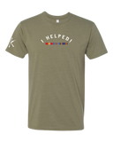 Olive green t-shirt with 'I HELPED!' text and colorful ribbons on a white background