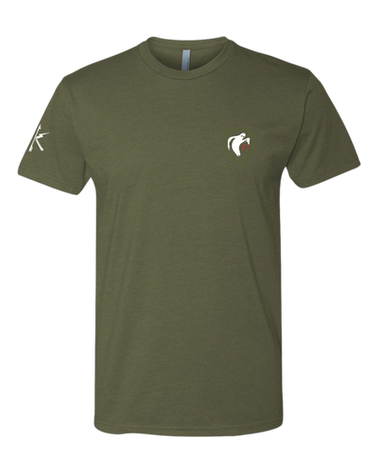 Military green t-shirt with psyop ghost army logo